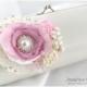 Bridal Wedding Clutch Flower Handmade Brooch Bridesmaids Purse with Handmade Flowers, Crystals, Pearls in Pink and Ivory