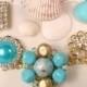 OOAK Turquoise Blue Rhinestone Gold Bridal Bracelet Vintage Tiffany Aqua Cluster Earring Bridesmaids Jewelry Beach Wedding Gift Charm Button