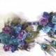 Peacock feather wedding bouquet turquoise purple eggplant silk flowers feather bridal bouquet and boutonniere set