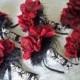 Set Floral Red Silk Amaryllis and Black and White Damask Bouquet Set