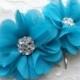Turquoise / Teal Chiffon Hair Flowers  / Hair Clips Rhinestone Center / Wedding Accessories / Bridesmaids / Shoe Clips / Set of Two.