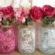 3 Lace Covered Mason Jar Vases Pink, Hot Pink, White, Wedding Decoration, Bridal Shower Decor, Home Decor, Christmas Gift