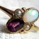 Opal Engagement Ring, Australian Blue Opal Seed Pearl Amethyst Ring, Antique Opal Ring 14K, October Birthday