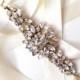 Starburst Rhinestone Encrusted Bridal Belt Sash - White Ivory Satin Ribbon - Antique Gold Crystal - Wedding Dress Belt - Crystal Flower