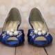 Custom Wedding Shoes -- Royal Blue Peeptoes with Pearl and Rhinestone Adornment