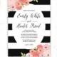 Wedding Invitations, Black Striped Invitation and Response Card, Pink and Coral Wedding, Modern Floral Invitations