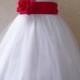 Flower Girl Dress - WHITE Tulle Dress (Double Straps) with Red CHERRY Sash - Easter, Jr. Bridesmaid, Wedding - Baby to Teen (FGRP2W)