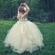 Champagne Flower Girl Dress Tulle Tutu Roses, Crystals, and Lace with Satin Sash -Rose-
