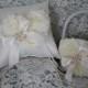 Ring Bearer Pillow and Flower Girl Basket Ivory Shabby Chic-Pearls and Rhinestones