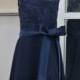 Navy Lace Chiffon Flower Girl Dress At Knee Length With Sash