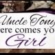 Weddings signs, Uncle HERE COMES your GIRL,flower girl, ring bearer, photo props, single or double sided,Purple, 8x16