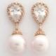ROSE GOLD Wedding Earrings Pink Pearl Bridal Earrings Cubic Zirconia Posts with Swarovski Rosaline Pink Pearls Wedding Jewelry