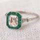 Art Deco Platinum .85 Carat Diamond and Emerald Engagement Ring