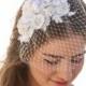 Birdcage Veil with Ivory Lace and Vintage Flower Petals and Small Pearls, Wedding Bird Cage Veil with Lace, Wedding Veil