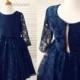 Long Sleeves Navy Blue Lace Flower Girl Dress Baby Girl Toddler Dress Junior Bridesmaid Dress  for Wedding