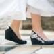 Wedding Shoes - Navy Blue Wedges, Wedding Heels, Navy Wedges with Ivory Lace. US Size 7