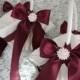 3pc Set-Ivory or White Satin Larger Flower Girl Baskets and Ring Bearer Pillow Burgundy Satin Ribbon Pearls Rhinestone Accent-CUSTOM COLORS