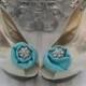 Tiffany Blue shoe clips- Satin Roses with Crystal Brooch Center and Feather Accents- Shoe Fascinators