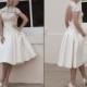 2015 Short House of Mooshki Weddding Dresses Beach Lace Sheer High Neck Applique Bridal Gowns Hollow Knee Length Satin Party Ball Gown, $95.95 