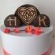 Celtic Knot Heart Burned Wood Wedding Cake Topper Set with your personalized custom letters