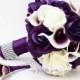 Purple & White Roses Picasso Calla Lilies Bridal Bouquet Real Touch Rose Grooms Boutonniere Purple Plum White Wedding Bouquet
