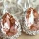 Blush Pink peach Silver drop earrings,Bridal earrings rhinestone swarovski, halo earrings, crystal jewelry Silver or Gold plated  earrings