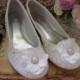 Wedding Bridal Ballet Flats Shoes - White Satin - Vintage ivory lace - Rhinestone crystals and Pearls - Embellished - bridesmaids - Flowers