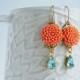 Orange flower aqua blue rhinestone dangle earrings, drop earrings, bridal earrings, bridesmaid jewelry