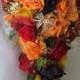 Cascade Style Orange and Red Autumn Fall Rich  Romantic Bridal  Boutonniere  Wedding Bouquet Set