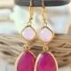 Jewel Dangle Earrings with Fuchsia Teardrop and Soft Pink Jewels. Long Dangle Earrings. Bridesmaid Earrings. Pink Wedding Jewelry.