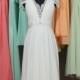 Beach Wedding Dress, Cap Sleeves Lace Chiffon Wedding Dress, V-neck See Through Back Bridal Wedding Dress