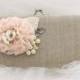 Linen Clutch, Bridesmaids Clutches, Shabby Chic Rustic Wedding in Ivory, Silver and Blush with Linen, Chiffon and Pearls- Vintage Inspired