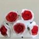 35mWhite Paper Roses with Red Centre - 5 mulberry paper flowers with wire stems - Ideal for wedding decoration [801]
