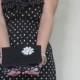 Black clutch with white daisy accent. lace fold over zipper pouch for makeup or checkbook or iPhone. wedding bridesmaids clutch.