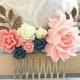 Pink Rose Comb Coral Bridal Hair Comb Beach Wedding Hair Accessories Navy Blue Floral Comb Country Chic Bridal Accessories Romantic Pretty