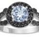 Aquamarine & Black Diamond Engagement Ring 14k White Gold 1.52 Carat Halo HandMade Birth Stone