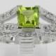 14K White Gold Diamond Princess Cut Peridot Engagement Ring Green Size 6.75