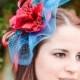Red fascinator blue veil wedding hat WEDDING GAMES
