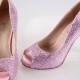 Soft pink rhinestone bling wedding shoes , bridal shoes  peep open toe party prom shoes pumpls bling shoes