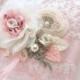 Ring Bearer Pillow - Bridal Pillow in Light Pink and Ivory with Lace, Brooch, Jewels and Pearls- Vintage Blush