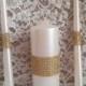 Pearl Wedding Unity Candle set embellished with Gold Rhinestone Mesh Trim, Made to Order