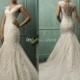 2014 New Amelia Sposa V Neck Cap Sleeve Lace Tulle Mermaid Wedding Gowns Appliques Fit Flare Sheer Backless Charming Bridal Wedding Dresses, $148.04 