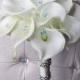 Silk Wedding Bouquet with Calla Lilies - Off White Natural Touch Callas and Crystals Silk Bridal Flowers