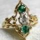 Engagement Ring Antique Diamond Emerald Engagement Ring 14K Art Deco Emerald Ring May Birthday