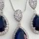 Wedding Bridal Jewelry SET - Halo Sapphier Blue Peardrop Cubic Zirconia with White Gold Plated CZ Post Earring and Necklace
