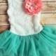 White & Caribbean green Toddler Girls Tutu Dress,  Spring Dress, Flower Girl dress, Easter Dress Outfit, Birthday Dress, Beach Wedding