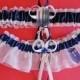 Police Box Dr. Who Themed TARDIS Logo Fabric Jewel Wedding Bridal Garter Set Prom Double Heart Charm