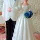Modern Vintage Bridal / Wedding Cake Topper / Bride and Groom / DIY / Bridal Shower Cake Decoration / White Tuxedo / Blue Flowers