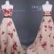 Unique 2015 Champagne Sweetheart Red Flowers Embroidery A Line Organza Wedding Dress/Court Train Wedding Gown/Colorful Bridal Dress DH283