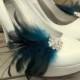 Wedding Bridal Feather Shoe Clips - set of 2 - Sparkling Crystal Rhinestone Accents -dark turquoise and dark blue